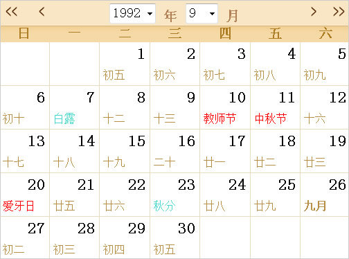 1992日历表,1992全年日历农历表