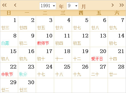 1991日历表,1991全年日历农历表