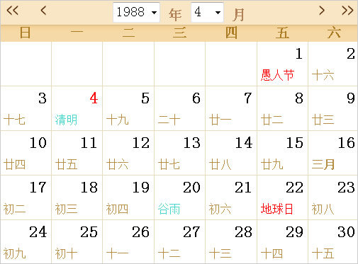 1988日历表,1988全年日历农历表