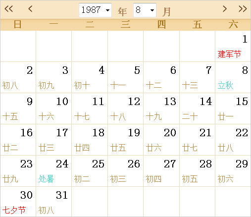 1987日历表,1987全年日历农历表