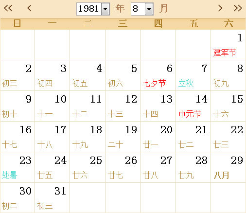 1981日历表