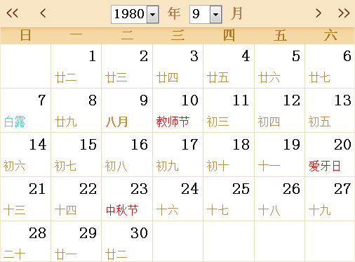 1980日历表