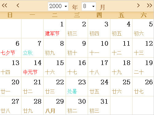 2000日历表,2000全年日历农历表