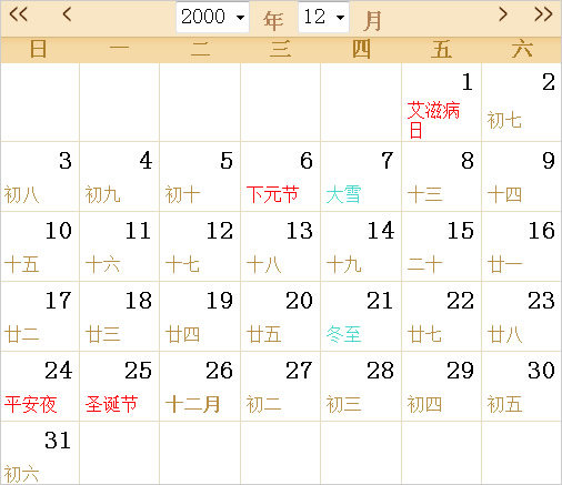 2000日历表,2000全年日历农历表