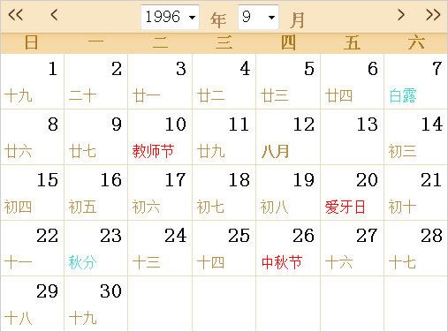 1996日历表,1996全年日历农历表