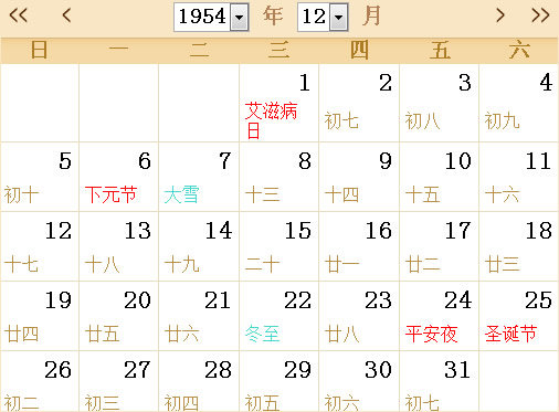 1954日历表