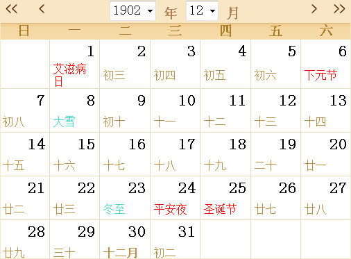 1902日历表