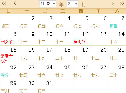 1903日历表
