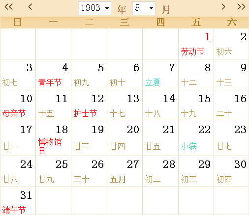 1903日历表
