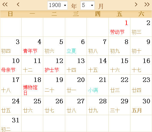 1908日历表