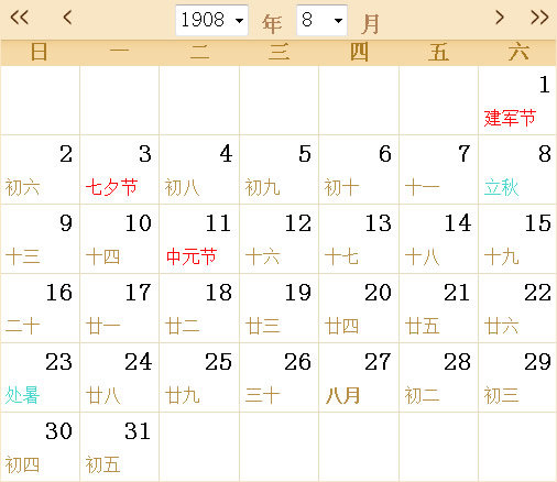 1908日历表