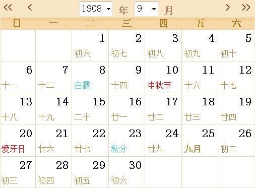 1908日历表