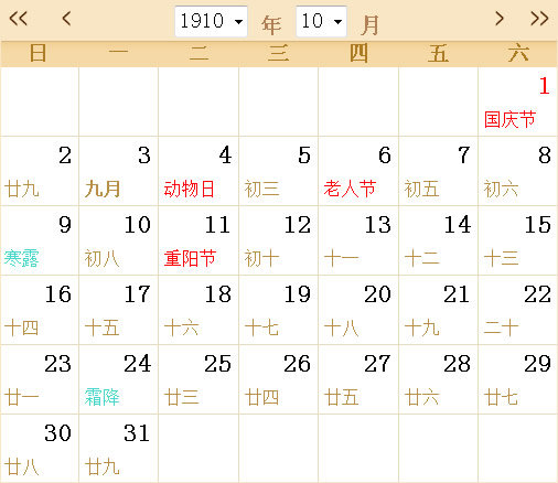 1910日历表