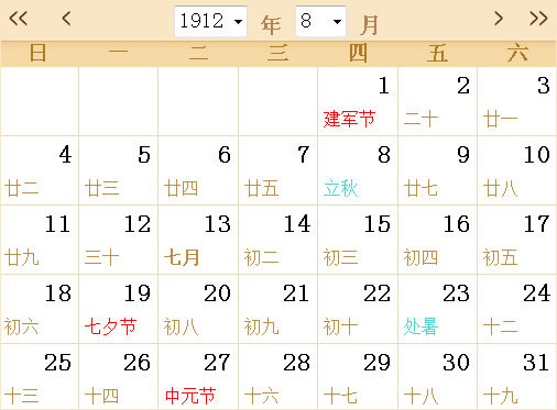 1912日历表