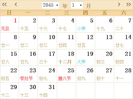 2045全年日历农历表